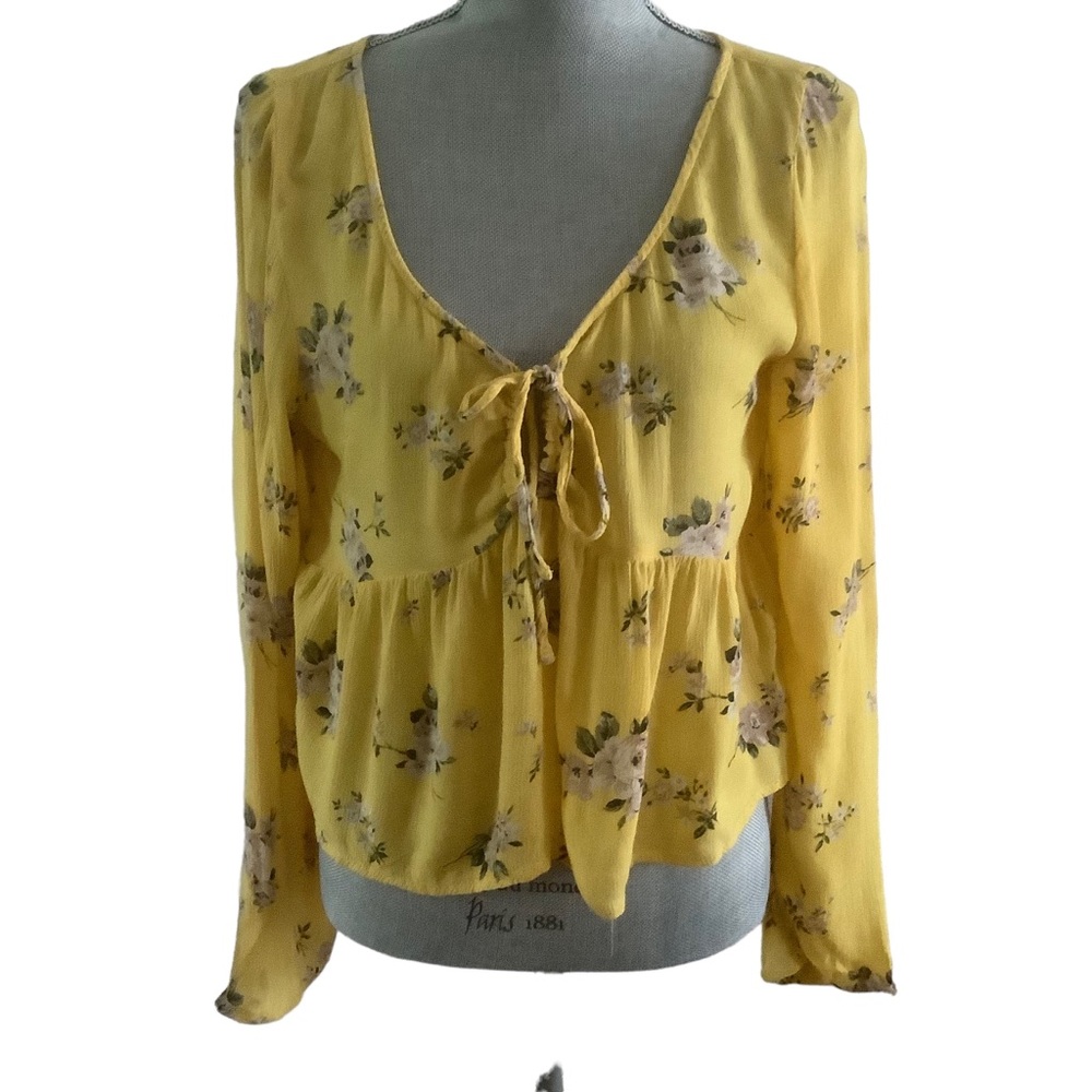 Hollister boho yellow floral cropped blouse tie front ruffle bottom keyhole sz S